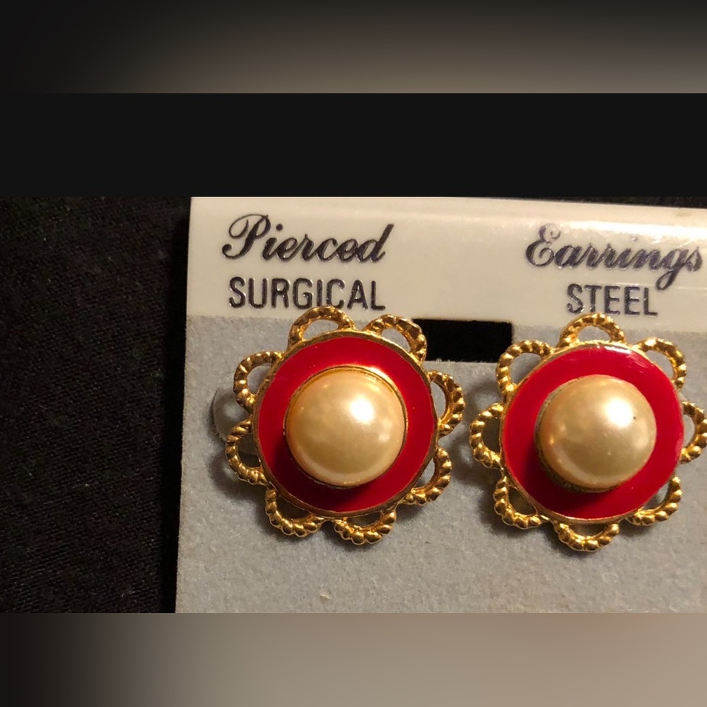 Elegant Gold and Red Pearl Earrings